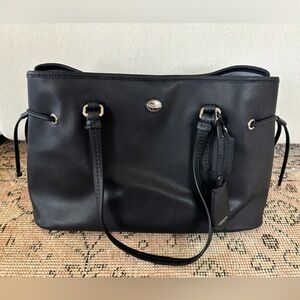 Coach Peyton Saffiano drawstring carryall tote black leather handbag silver
